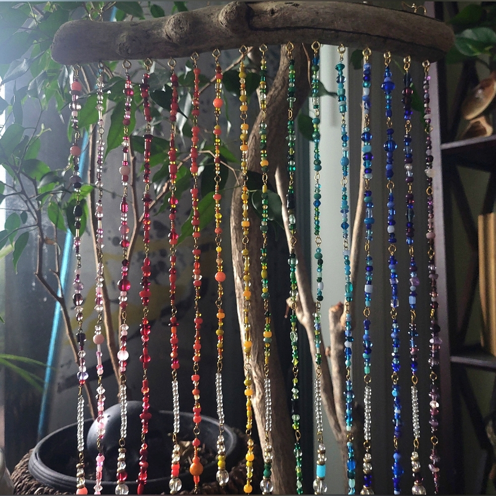 rainbow suncatcher handmade with glass beads and all natural drift wood